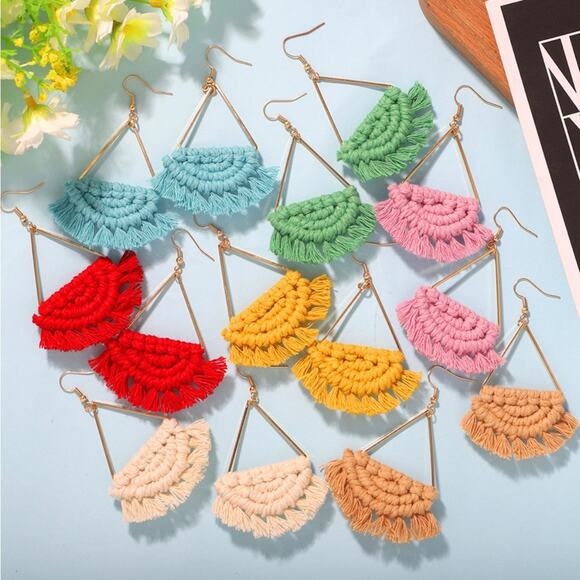 Versatilemama Jewelry - New Tide Bohemian Fan-shaped Tassel Earrings Seaside Hand-woven Earrings